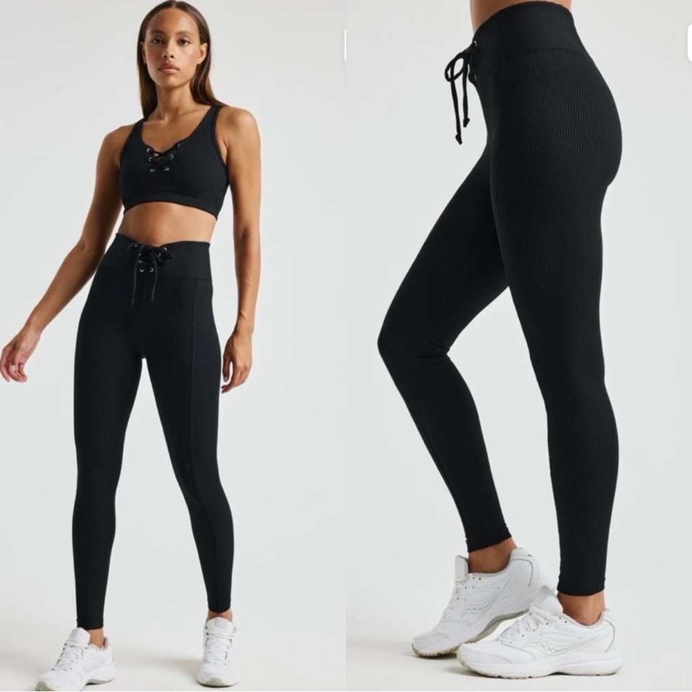 YEAR OF OURS Football Ribbed Black High Rise Lace Up Leggings